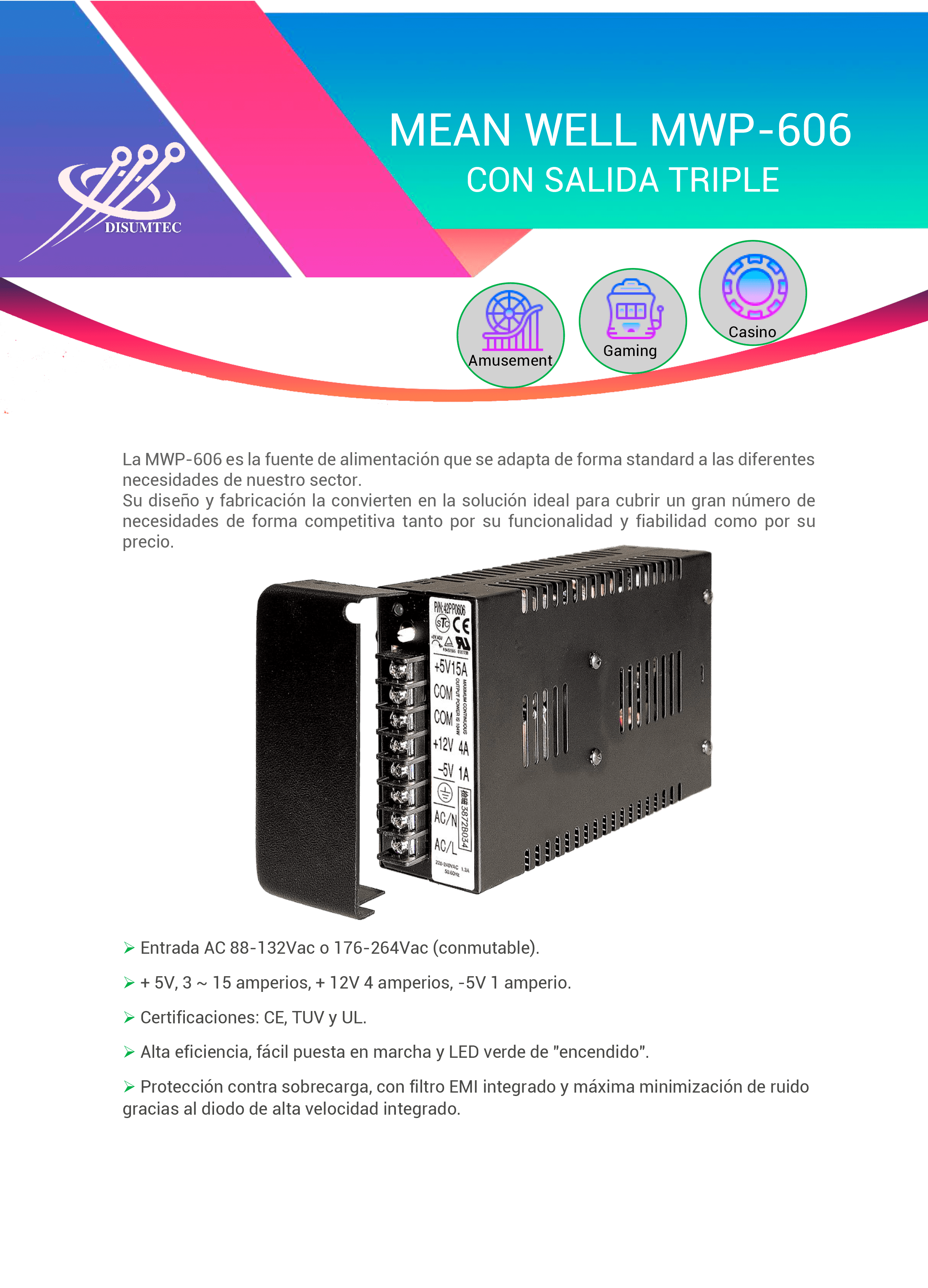 Fuente de Alimentación MEAN WELL MWP-606 distribuida por DISUMTEC