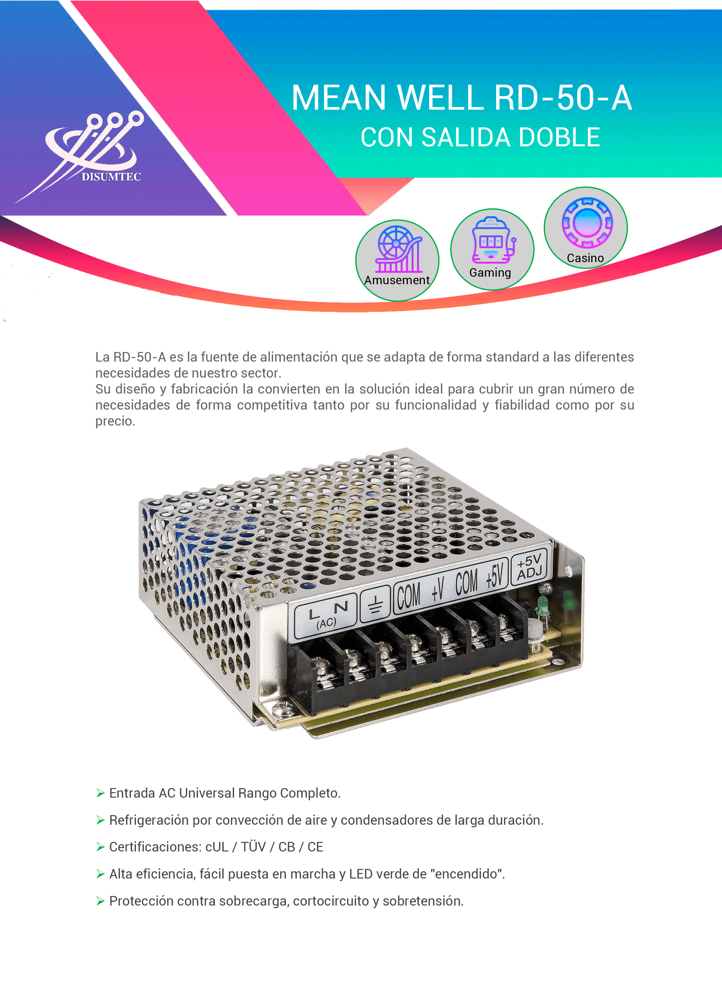 Fuente de Alimentación MEAN WELL RD-50-A distribuida por DISUMTEC