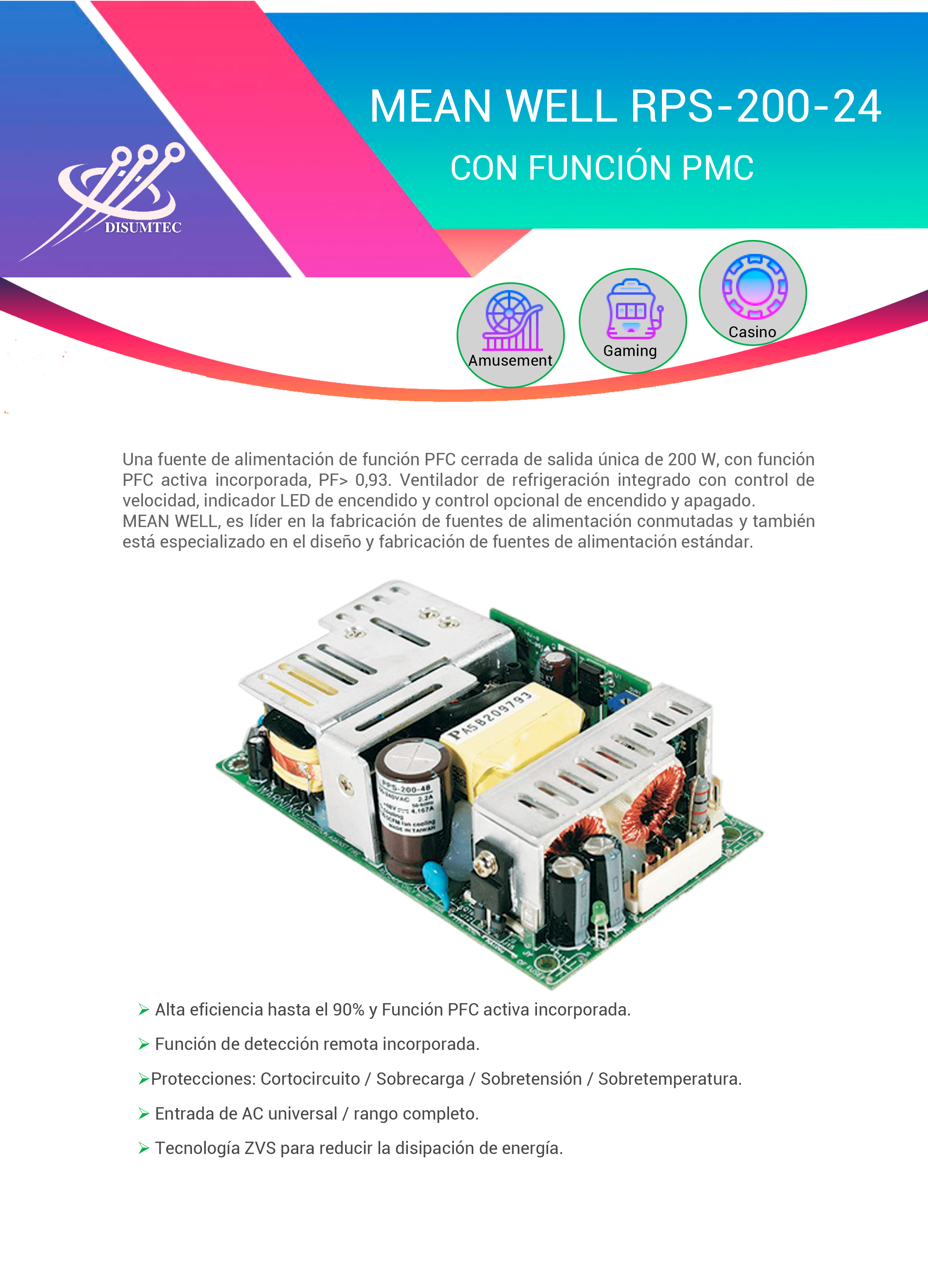 Fuente de Alimentación MEAN WELL RPS-200-24 distribuida por DISUMTEC