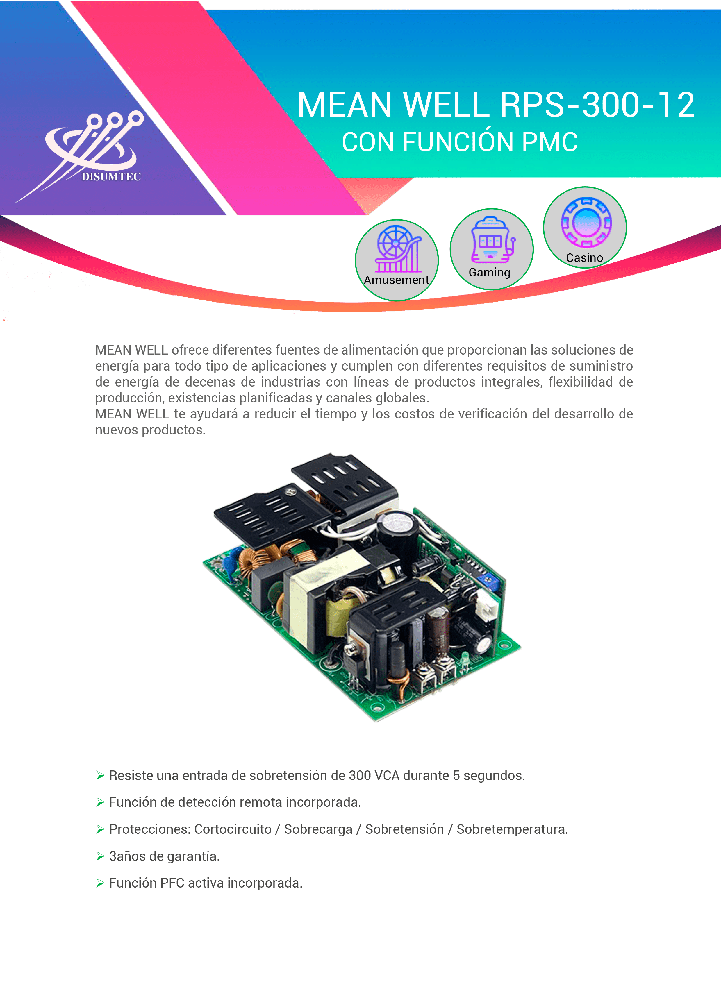 Fuente de Alimentación MEAN WELL RPS-300-12 distribuida por DISUMTEC