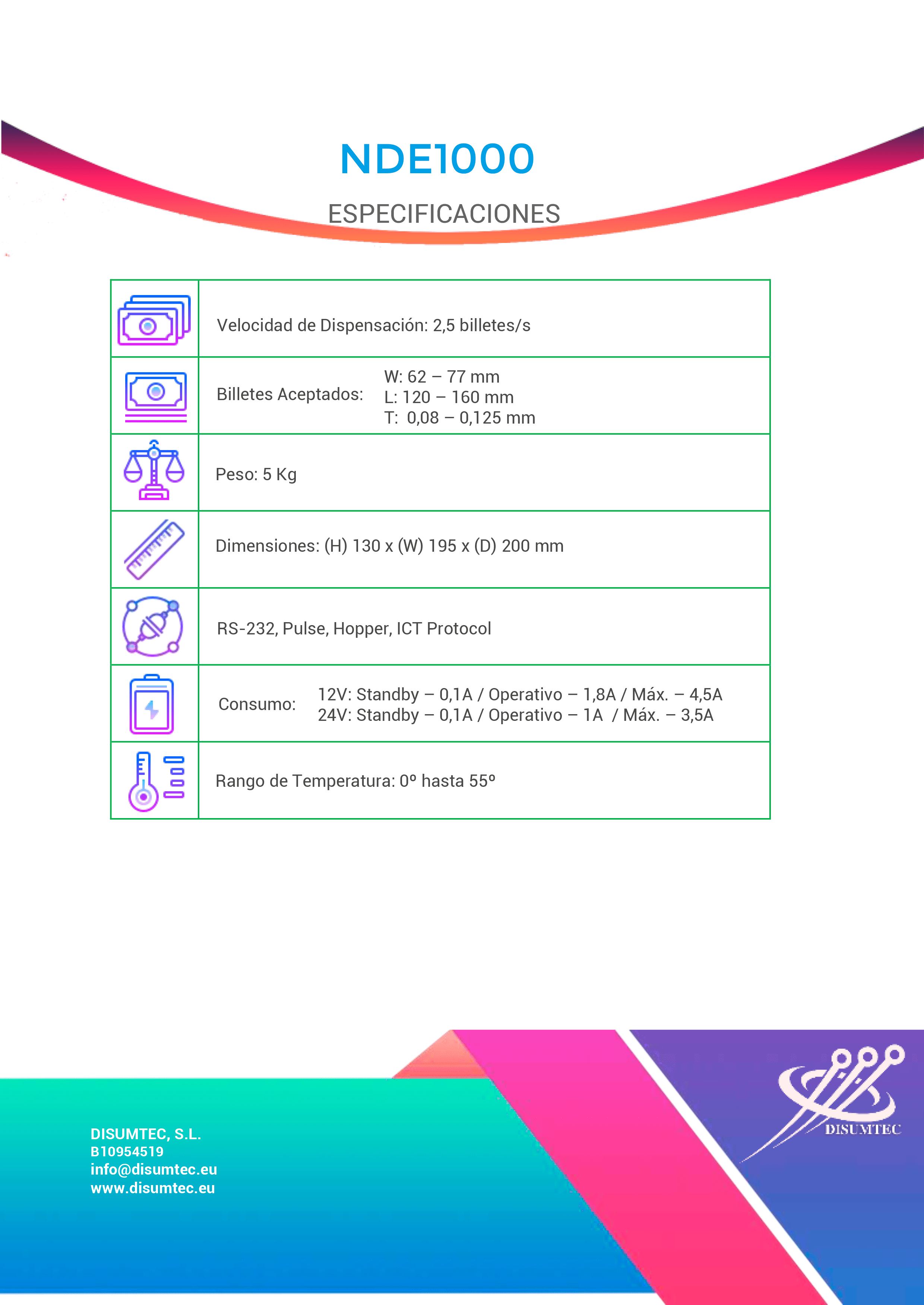 Ficha Dispensador de Billetes ICT NDE1000 distribuido por DISUMTEC
