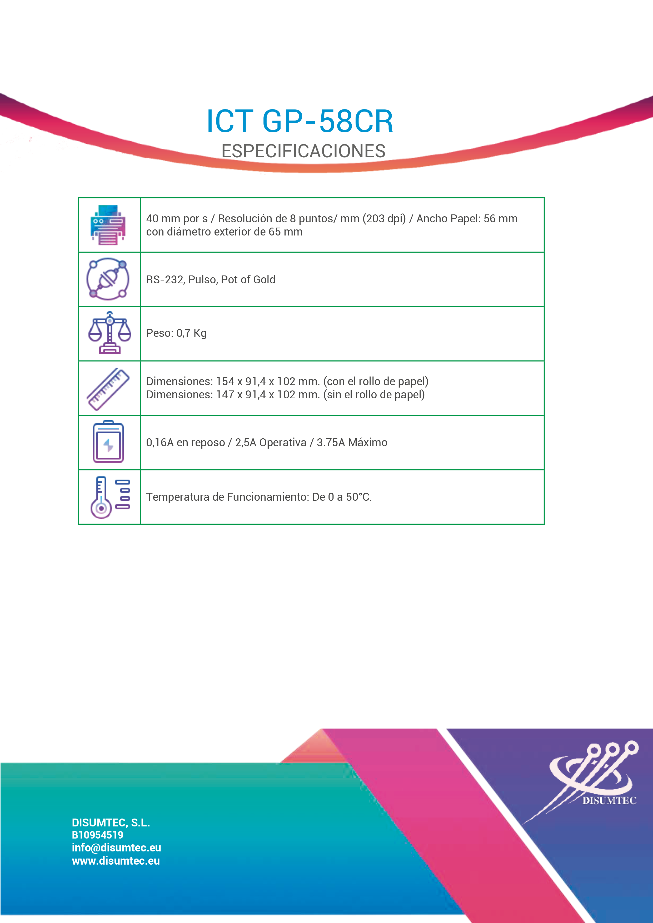 Ficha Técnica Impresora GP-58CR de ICT distribuida por DISUMTEC