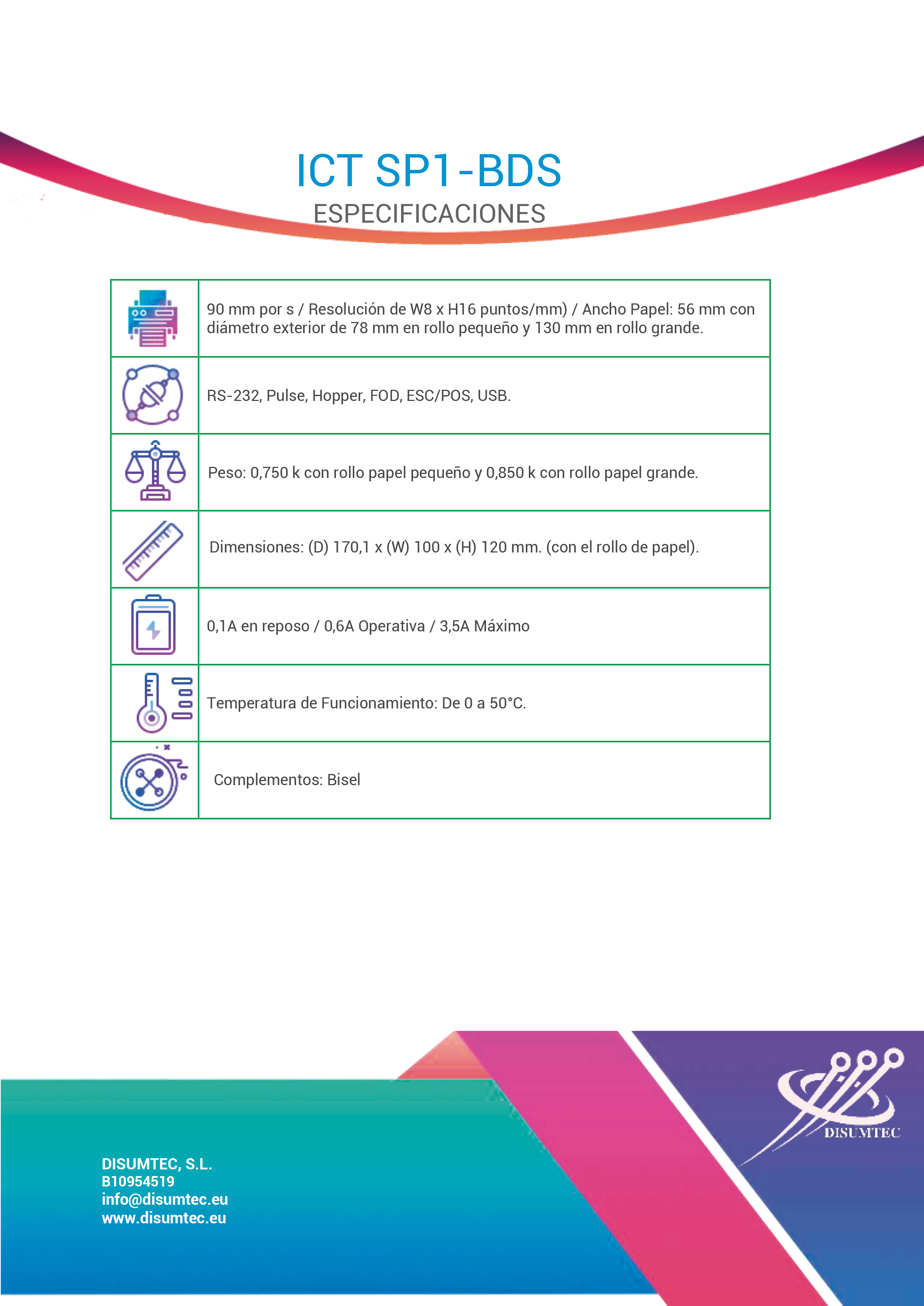 Ficha Técnica Impresora SP1-BDS de ICT distribuida por DISUMTEC