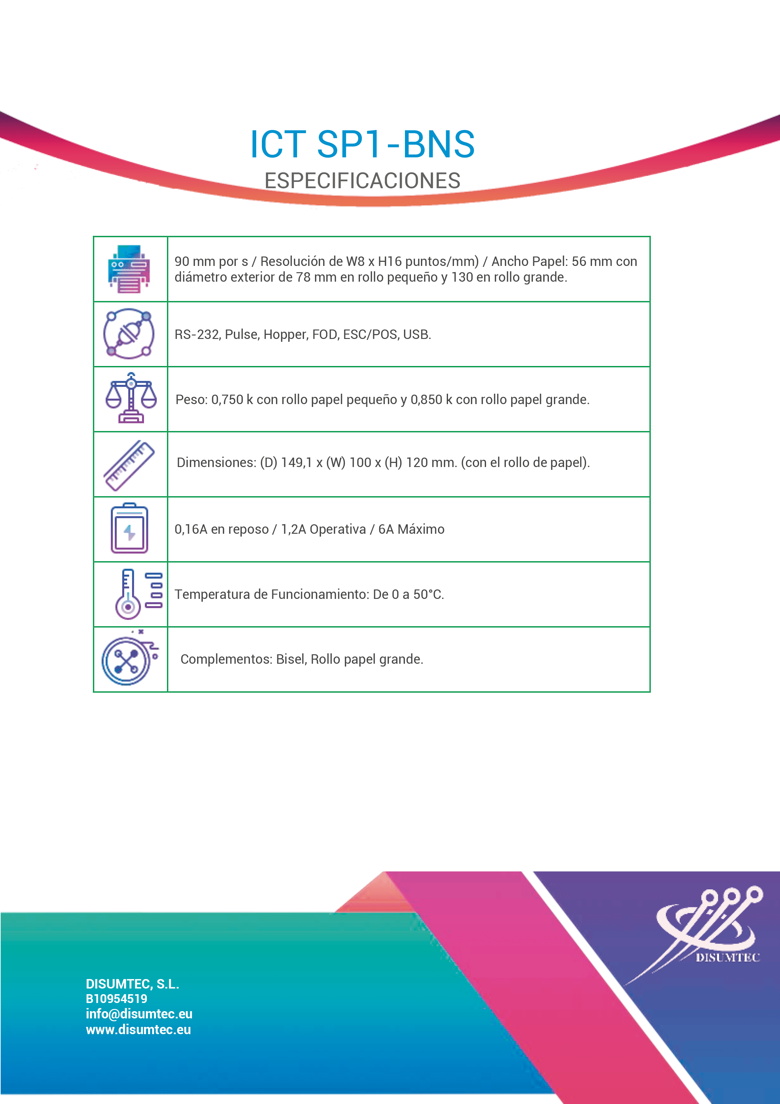 Ficha Técnica Impresora SP1-BNS de ICT distribuida por DISUMTEC