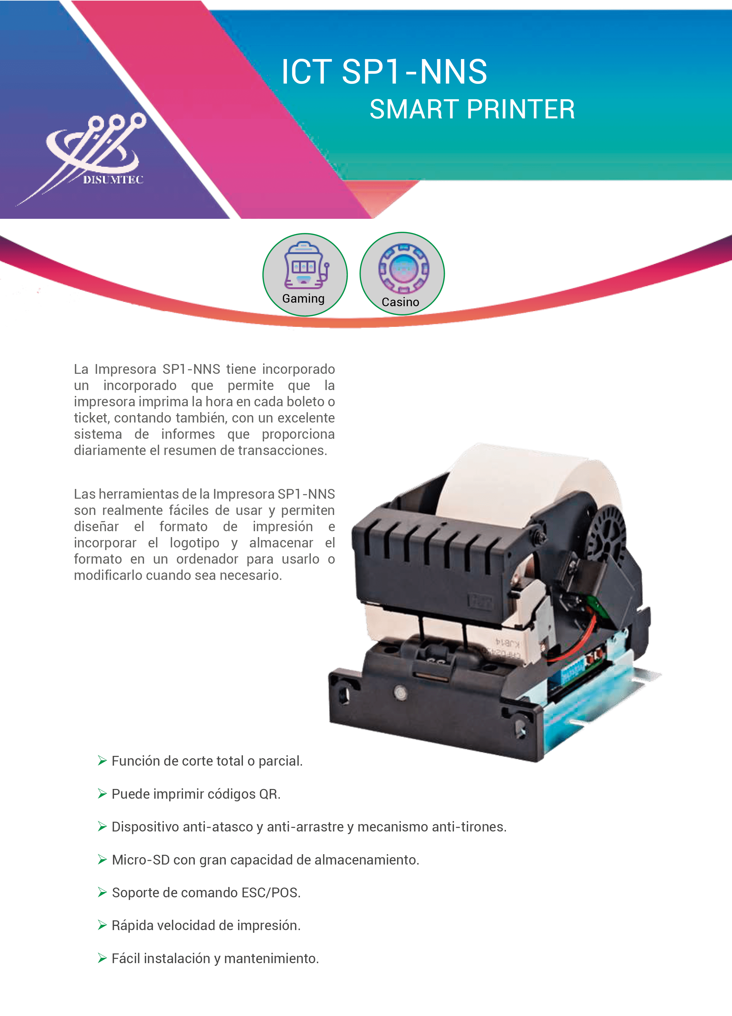 Ficha Técnica Impresora SP1-NNS de ICT distribuida por DISUMTEC