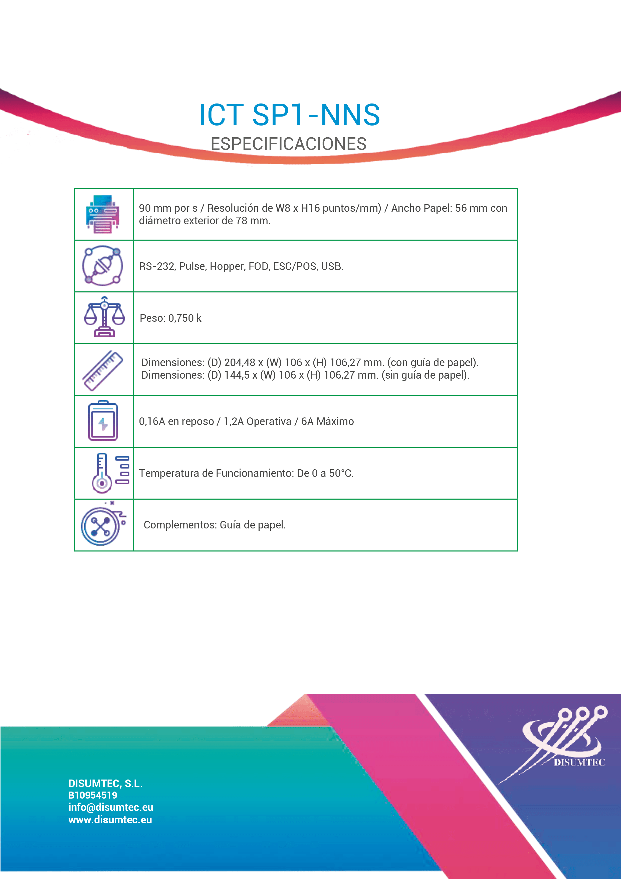 Ficha Técnica Impresora SP1-NNS de ICT distribuida por DISUMTEC
