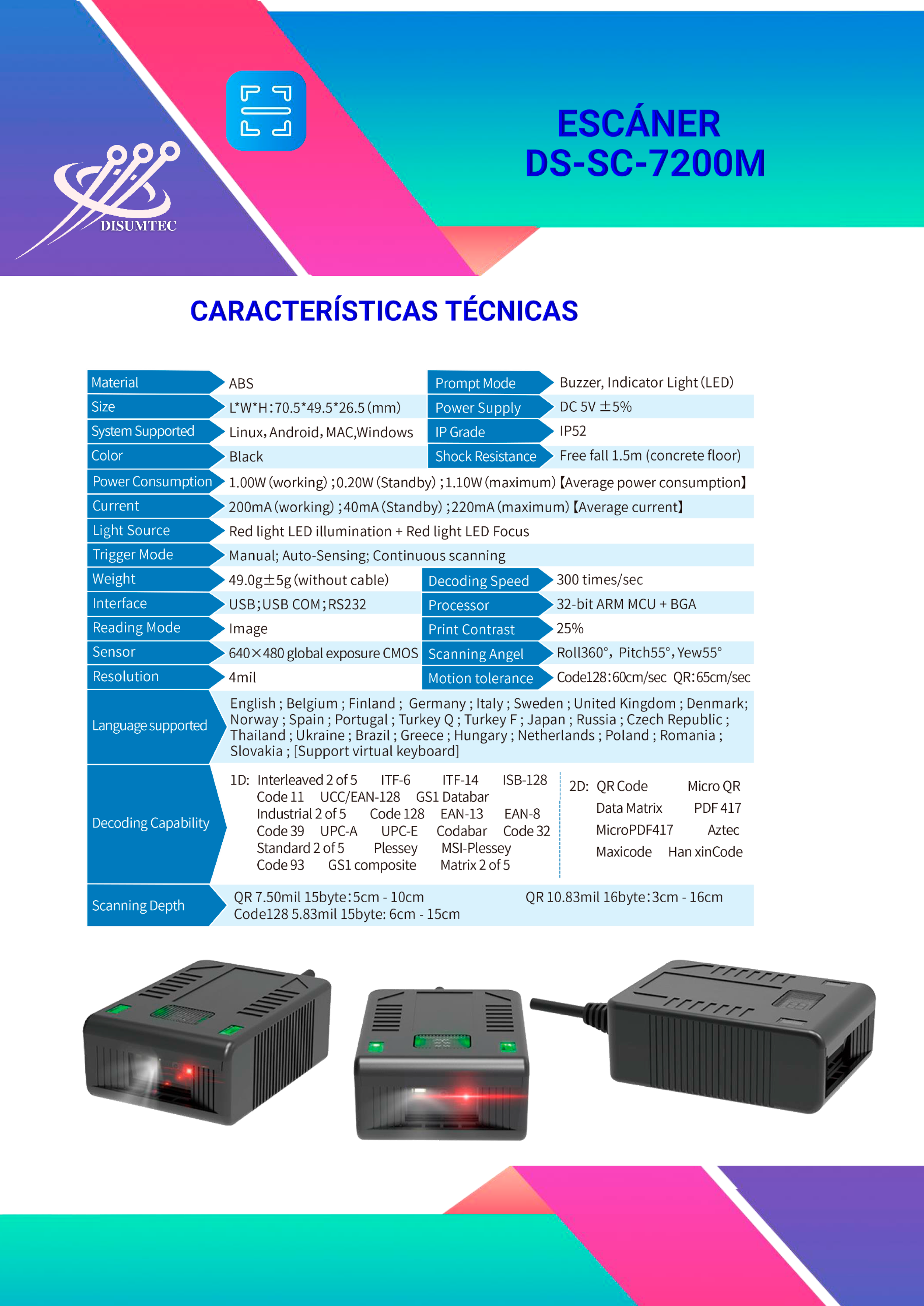 FICHA TÉCNICA ESCÁNER DS-SC-7200M distribuido por DISUMTEC