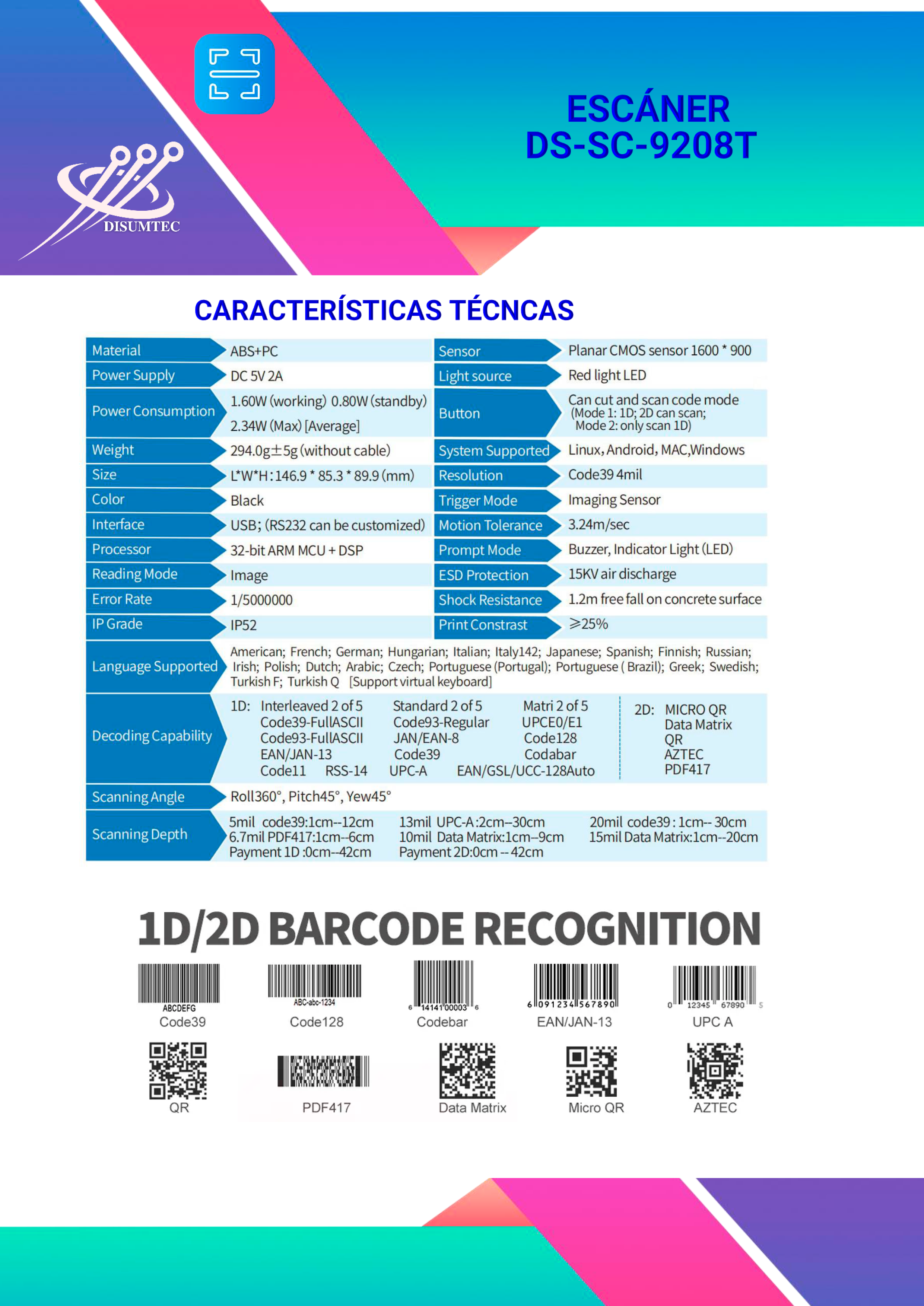 FICHA TÉCNICA ESCÁNER DISUMTEC DS-SC-9208T